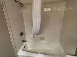 A bathroom with a bathtub, a shower, and a toilet. - Williamsburg Historic District (Williamsburg)