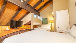 Un dormitorio con techo de madera, televisor, dos camas, un cuadro y una puerta.