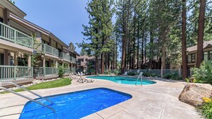Un área de piscina con dos piscinas, sillas de descanso y altos árboles.