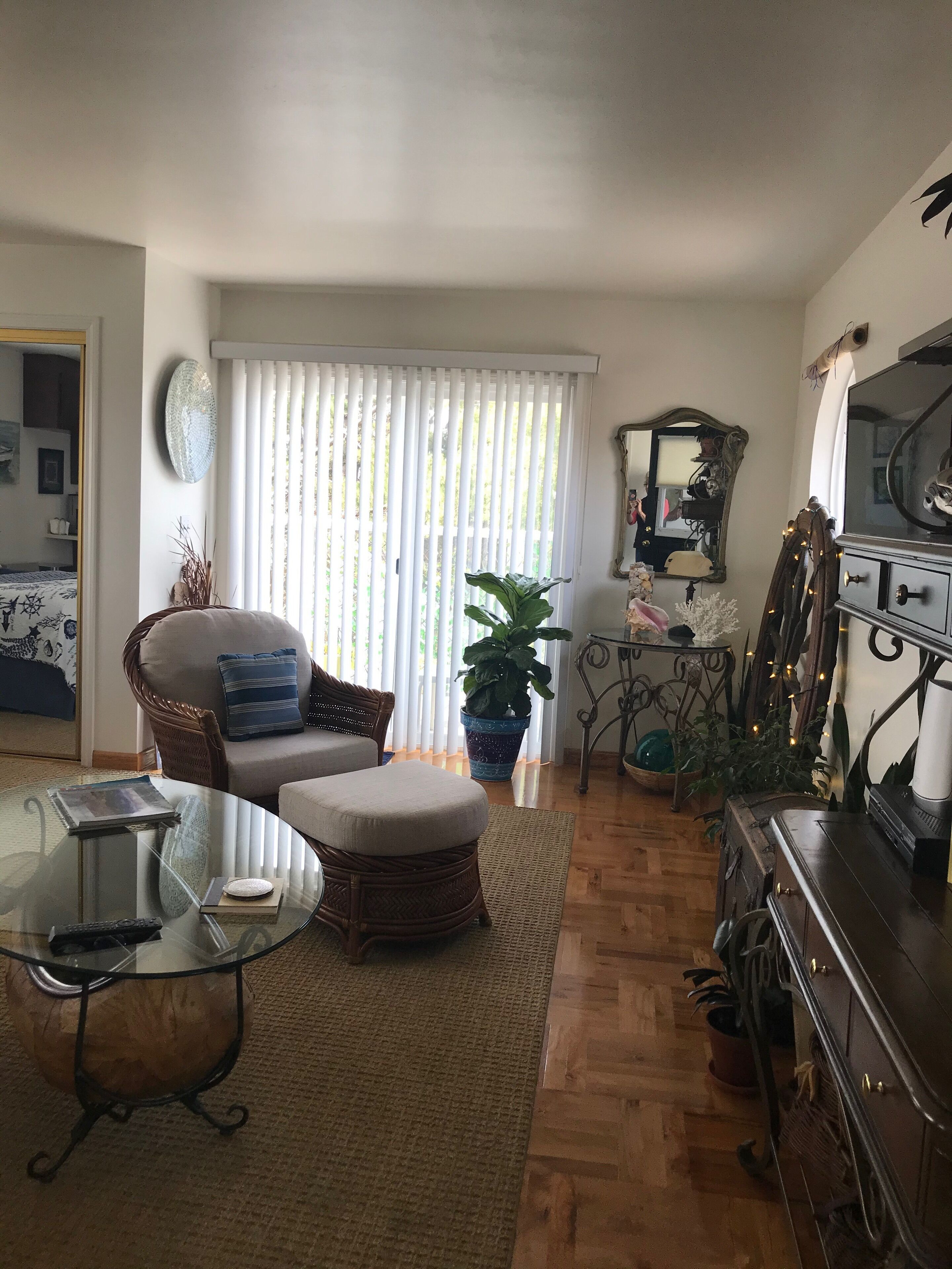 Un salon avec une table basse en verre, un fauteuil en osier, un pouf et une plante en pot.