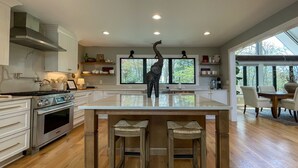 Une cuisine moderne dotée d’un îlot central, de planchers en bois et d’une grande fenêtre offrant une vue sur l’extérieur.