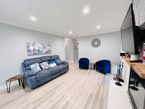 TV, fireplace, table football, ping pong