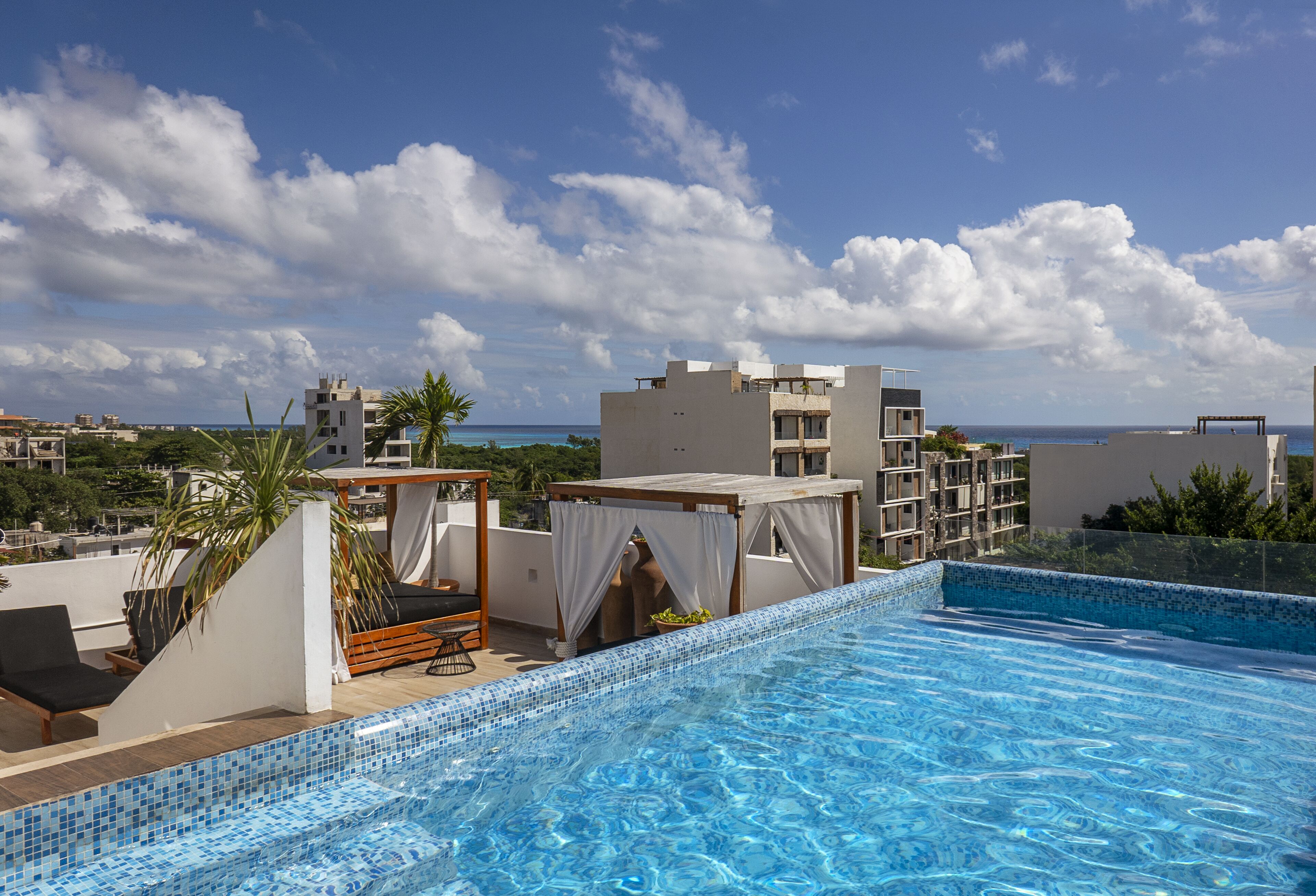 outdoor pool, pool loungers