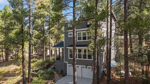 A two-story house surrounded by tall pine trees.