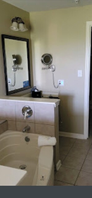 Hair dryer, towels, soap, shampoo