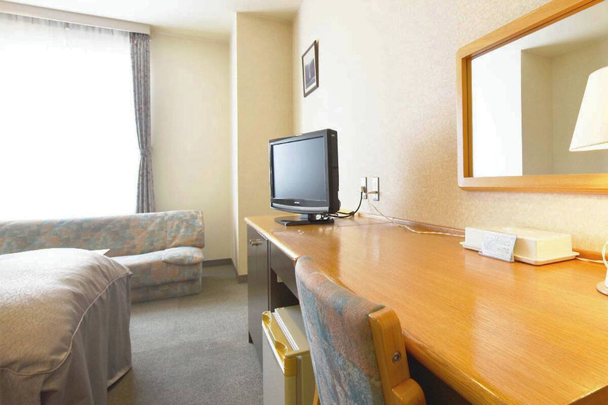 Een hotelkamer met een bed, een bureau met een lamp, een televisie en een spiegel.