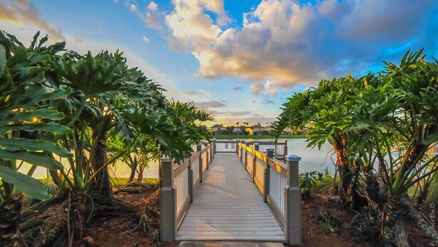 A wooden bridge leading to a body of water, surrounded by lush greenery. - The Lake House! 7Br 4.5ba with private pool! (Kissimmee)