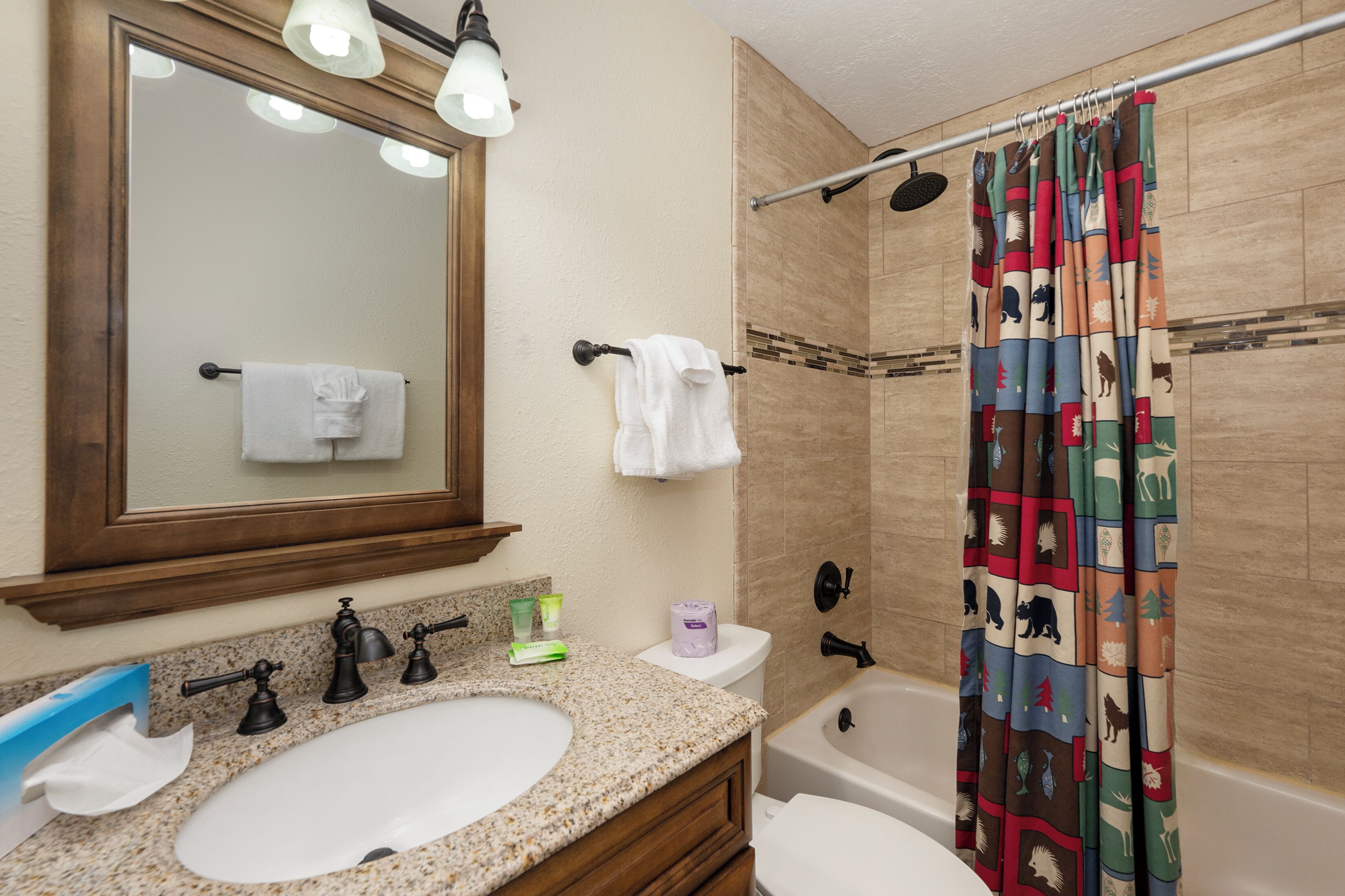 Une salle de bain équipée d’un lavabo, d’un miroir, d’un porte-serviettes, de toilettes et d’un rideau de douche.