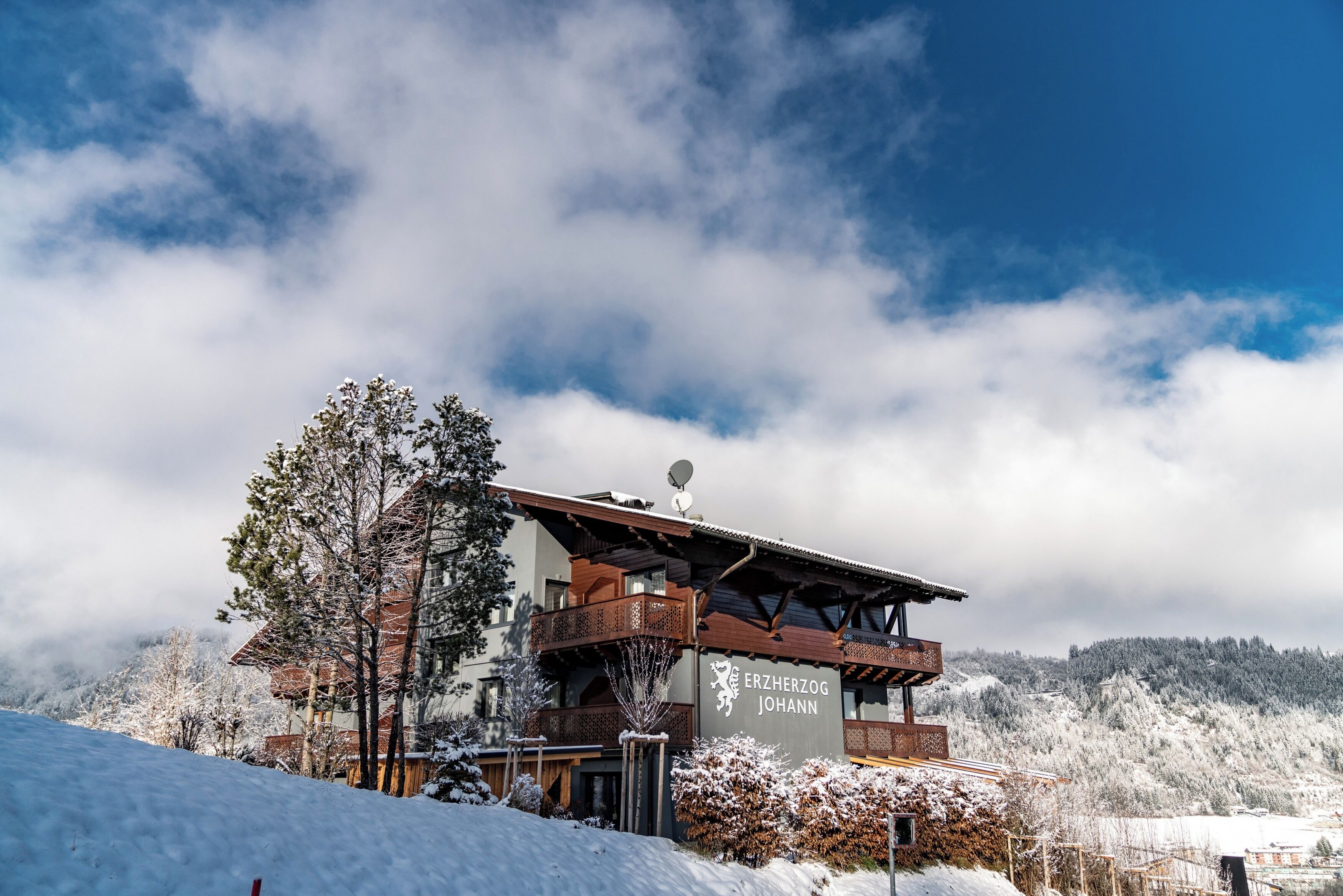 A chalet-style building with a balcony, surrounded by snow-covered trees and a mountainous backdrop.