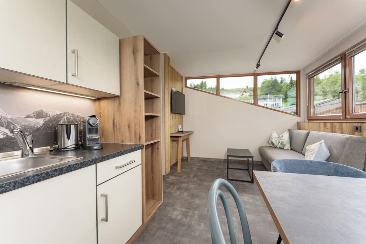 Apartemen Comfort, balkon, pemandangan gunung | Dapur pribadi | Lemari es