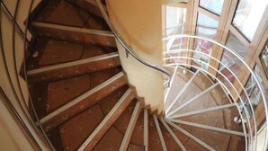 Escada em espiral com degraus de madeira e corrimãos de metal.