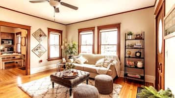 TV, fireplace, books