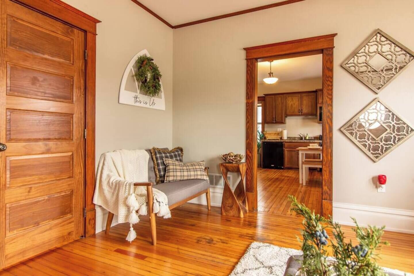 TV, fireplace, books