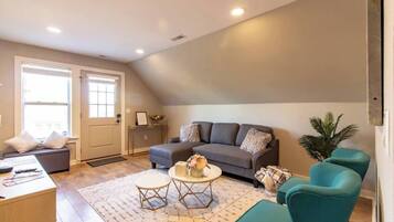 TV, fireplace, books
