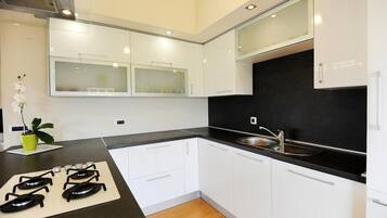 Grand réfrigérateur, micro-ondes, four, plaque de cuisson