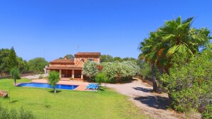 Una casa con piscina, rodeada de vegetación y palmeras.