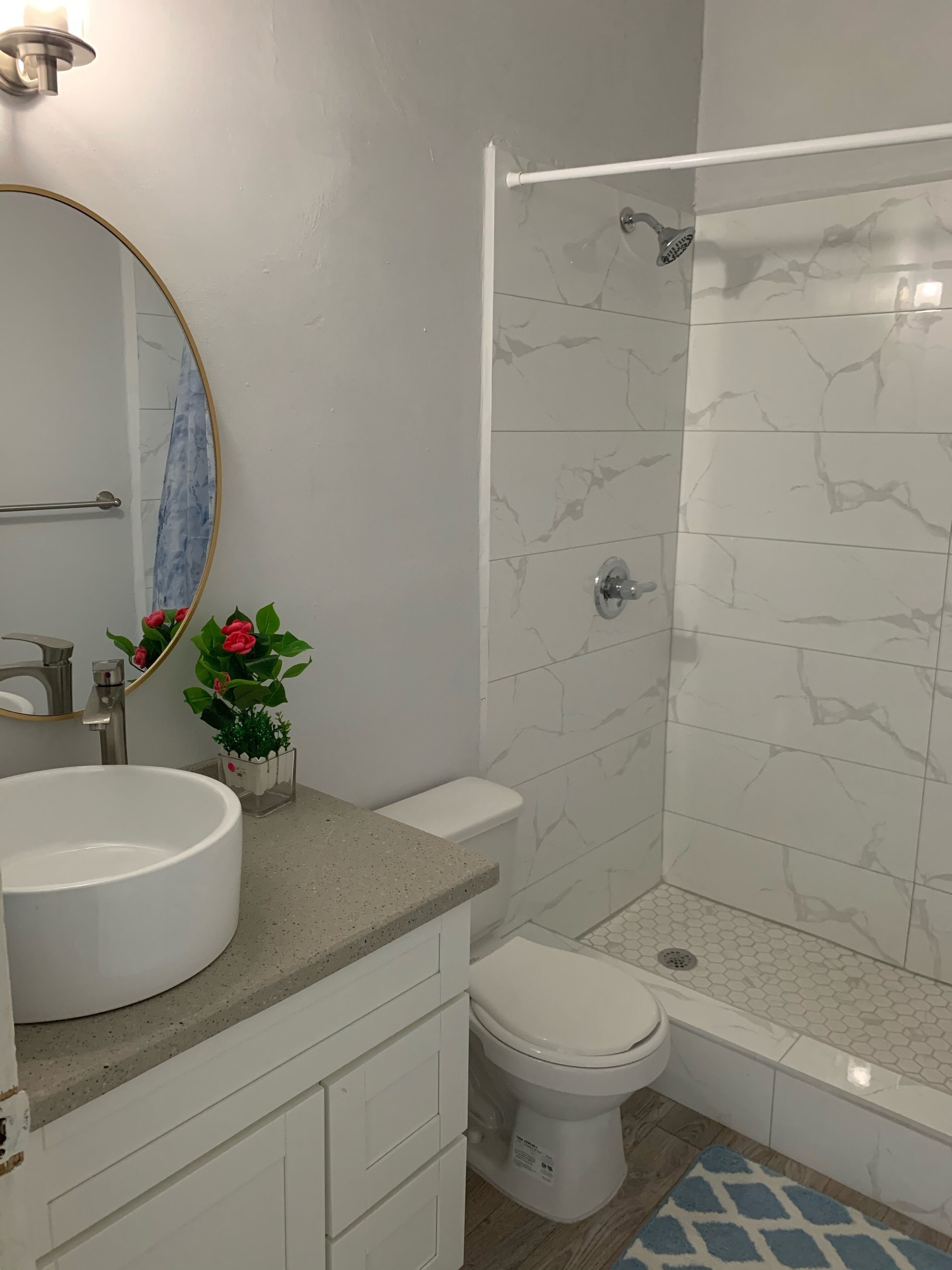 Shower, hair dryer, towels, toilet paper