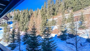 Paesaggio innevato con alberi sempreverdi e un edificio sullo sfondo.