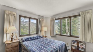 A bedroom with a bed, two windows, a nightstand, a lamp, and a bookshelf.