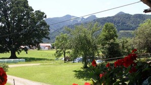 Paisaje rural con un árbol grande, una casa y montañas al fondo.