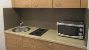 Una kitchenette compacta con un lavabo, estufa y microondas.
