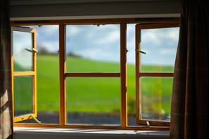 Enjoy a serene view of the surrounding countryside from this room's window.