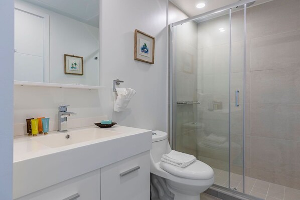 A modern bathroom with a white sink, toilet, and glass shower enclosure. - Ocean Vista, 1 Bedroom Apartment, Eagle Beach (Eagle Beach)