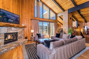 Smart TV, fireplace, books, stereo