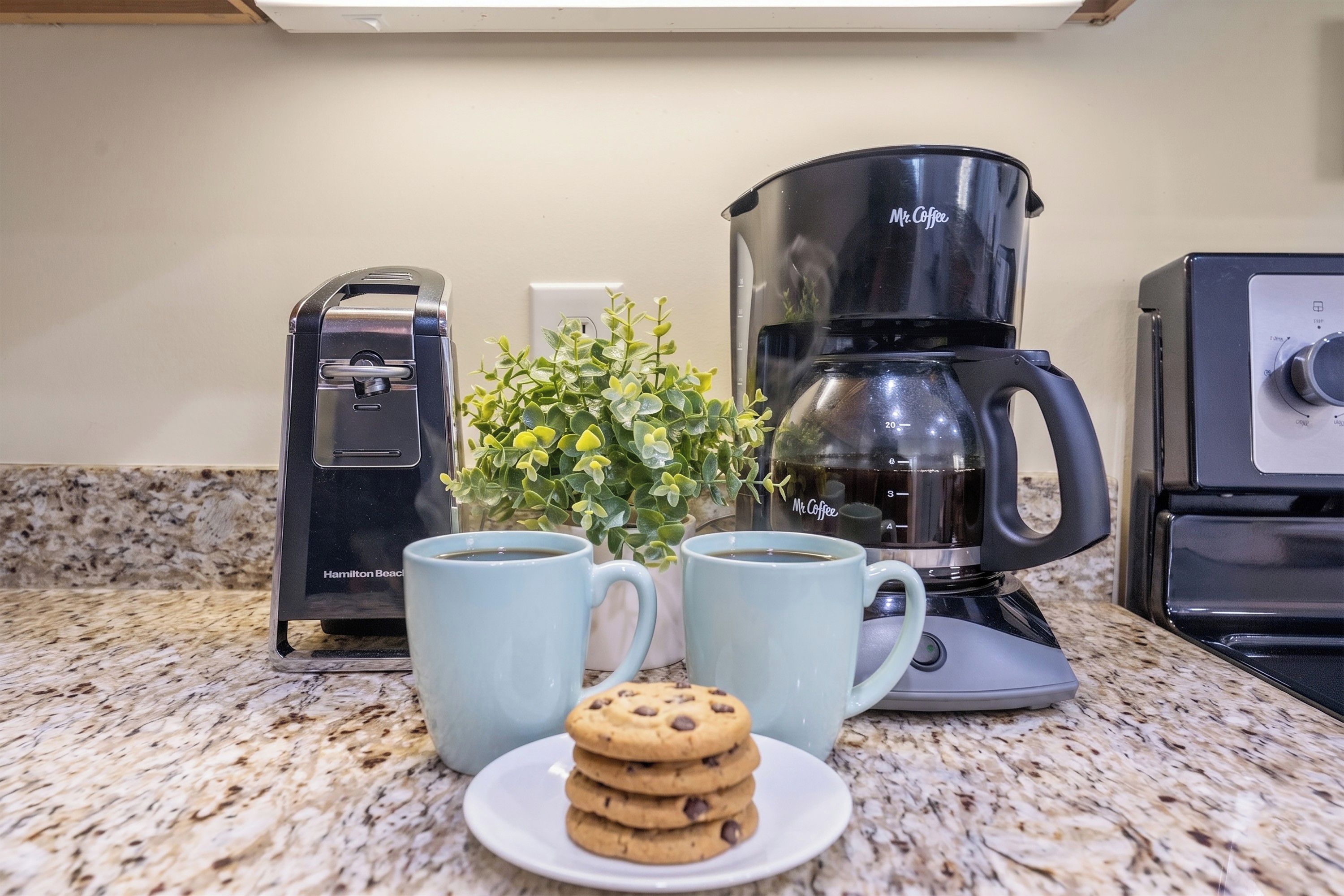 Una encimera de cocina con una cafetera, dos tazas, un plato con galletas y una pequeña planta en maceta.