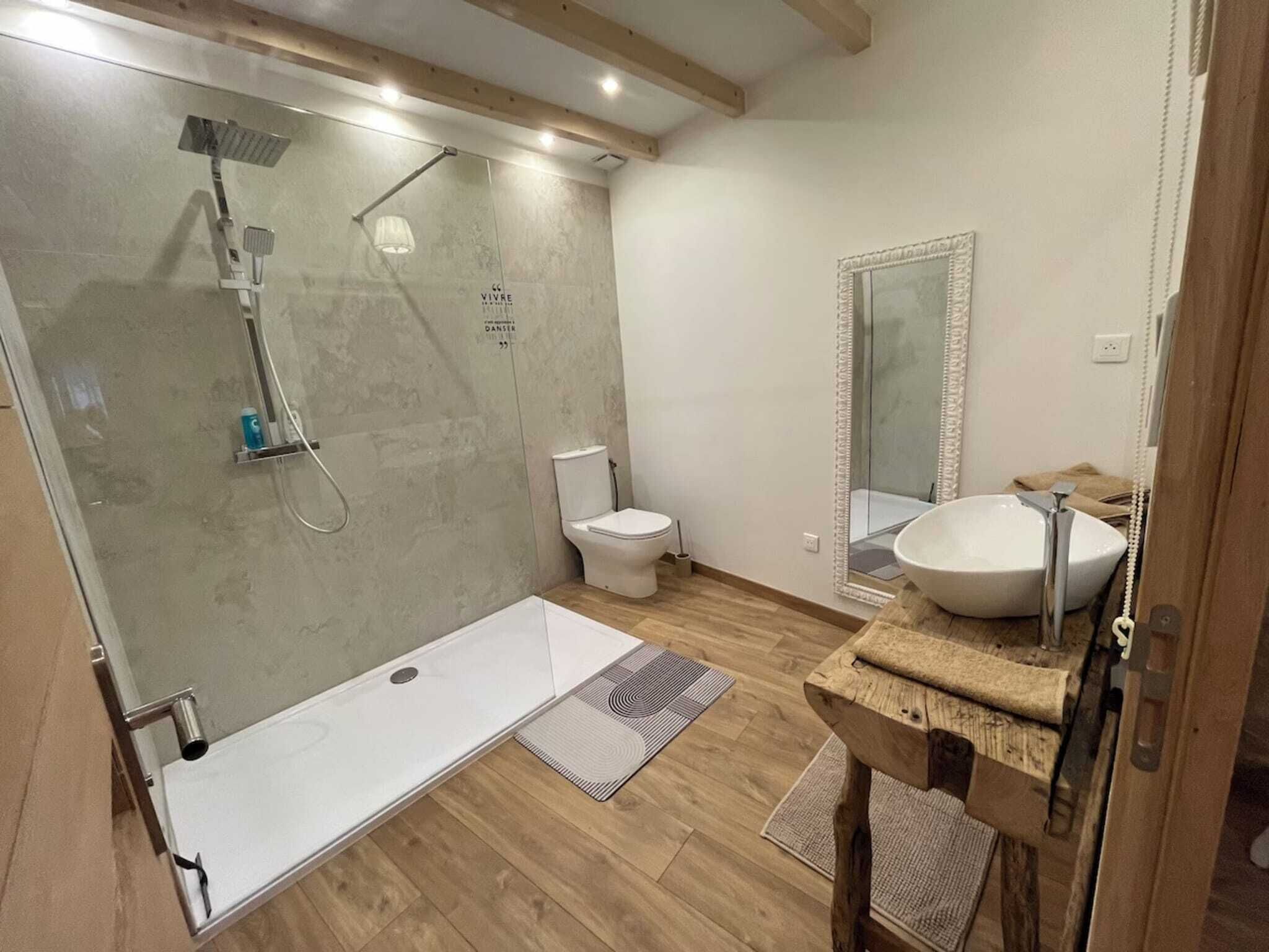 Een moderne badkamer met een douchecabine van glas, een toilet, een wastafel met houten blad en een grote spiegel.
