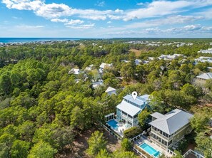 An aerial view of a residential area with multiple houses surrounded by dense greenery and a clear sky. - WaterColor - 4+BR, Private Heated Pool, 6 Seat LSV - 6 Bikes (Santa Rosa Beach)
