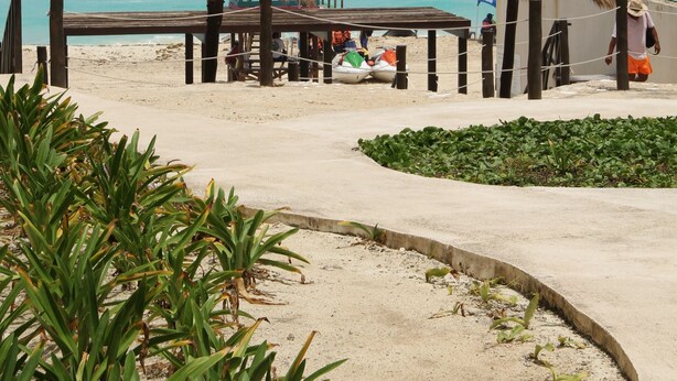 A beach with thatched umbrellas, a wooden structure, and a view of the ocean. - Coco Room 2 by B&G - Cancún Hotel Zone (Cancún)
