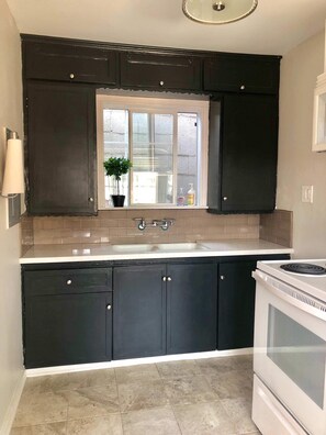 Fridge, oven, stovetop, coffee/tea maker