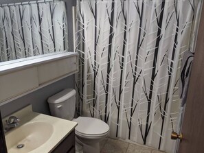 A bathroom with a toilet, sink, and a shower curtain with a tree pattern. - Centrally Located on Pawnee (Pierre)