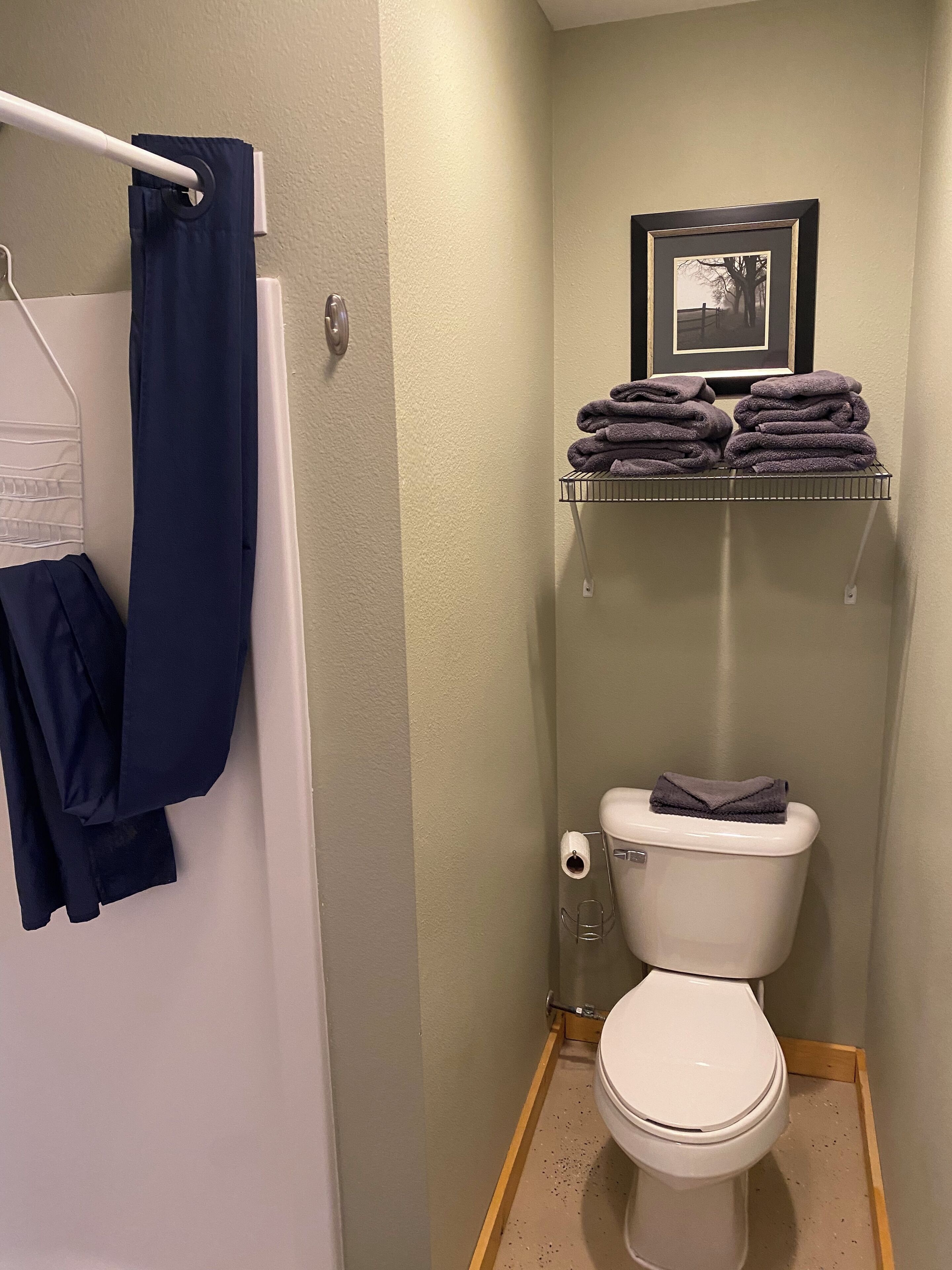 Shower, hair dryer, towels, toilet paper