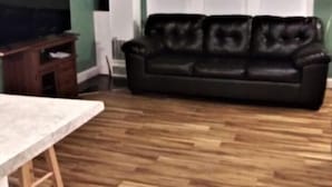 Un saló amb terra de fusta, un sofà de pell negra, una televisió sobre un moble de fusta i un armari blanc.