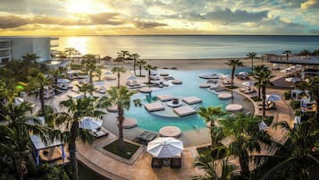Outdoor pool, pool umbrellas, pool loungers