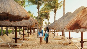 Una spiaggia con ombrelloni di paglia e poltrone da spiaggia.