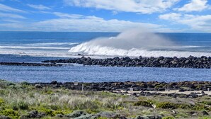 A coastal view with waves crashing against a rocky shore, a clear sky, and a grassy foreground. - With South Beach views, a relaxed family home (PORT FAIRY)