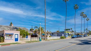 A street lined with palm trees and houses, a clear blue sky, and a road with parked cars.