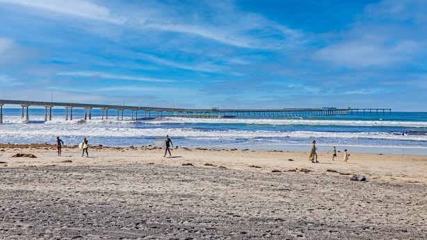 A beach with a pier extending into the ocean, sandy beach, and people walking.