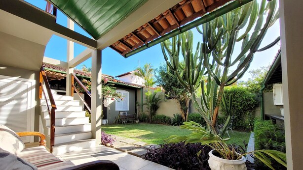 Un patio cubierto con un banco de madera, una escalera y un jardín con cactus y otras plantas.