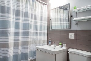 Bañera, secador de pelo, toallas y jabón