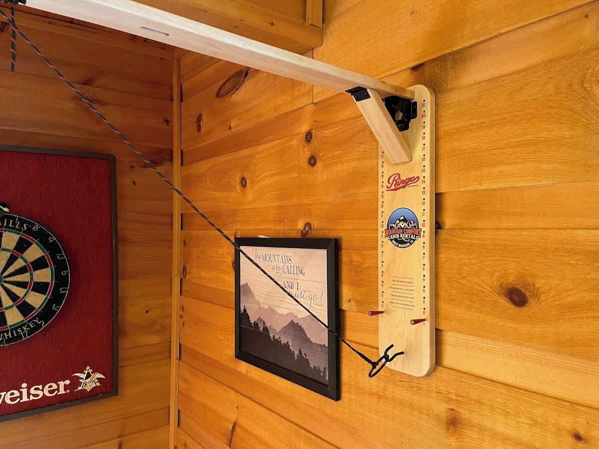 A dartboard, a framed picture with a mountain landscape, and a mounted sign with a logo.