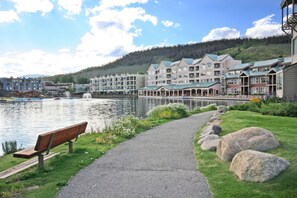 Une promenade au bord du lac, avec un banc, de gros rochers et une rangée d’immeubles à plusieurs étages dotés de toits végétalisés.
