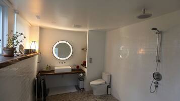 Regadera, bidet, toallas, jabón
