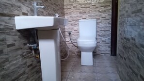 Shower, towels, soap, toilet paper