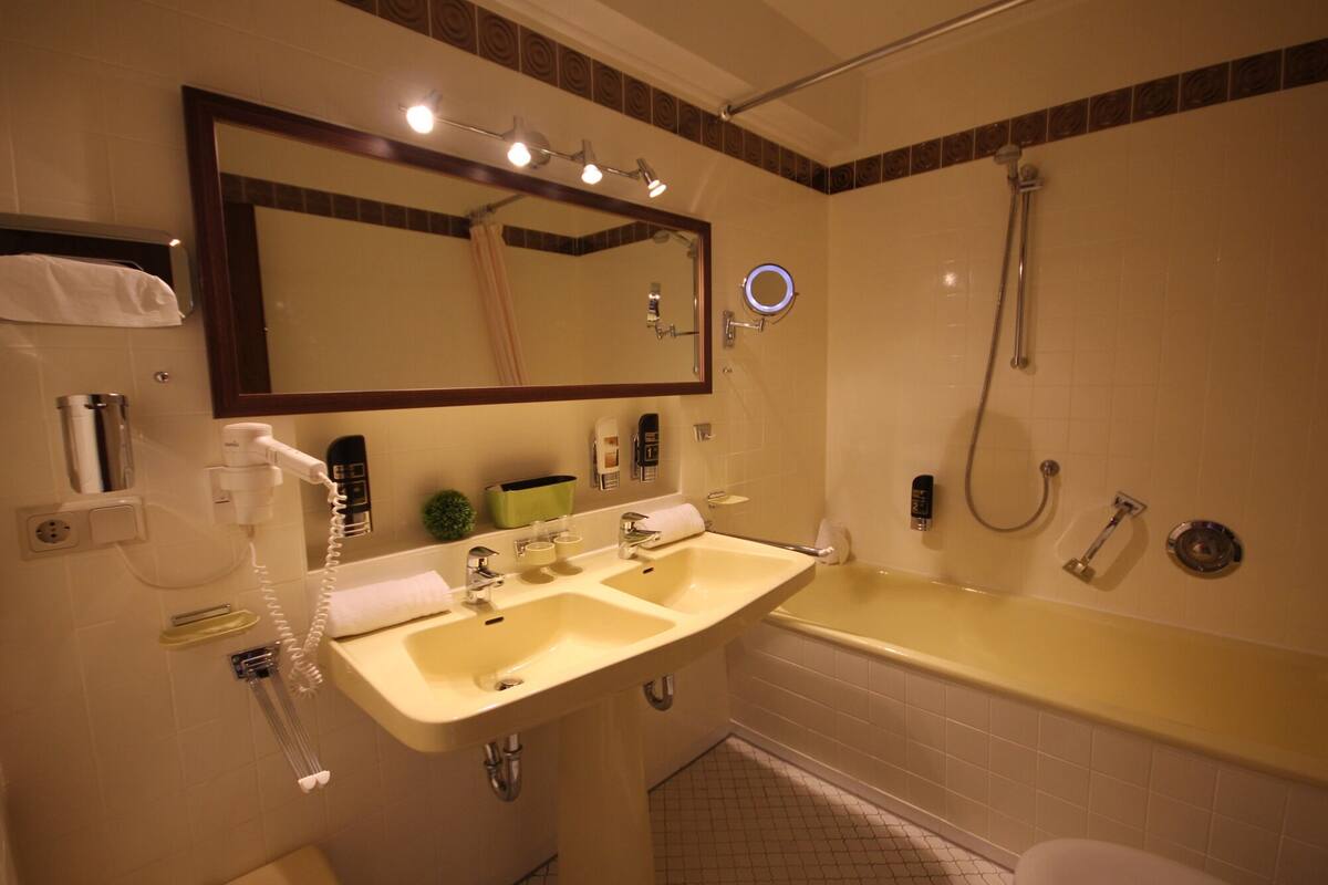 Hair dryer, towels, soap, shampoo