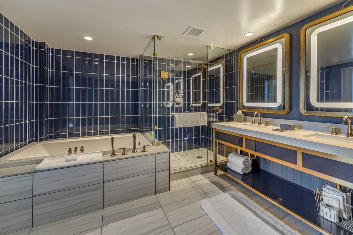 deluxe suite, 1 king bed | bathroom | combined shower/bathtub, free toiletries, hair dryer, bathrobes
