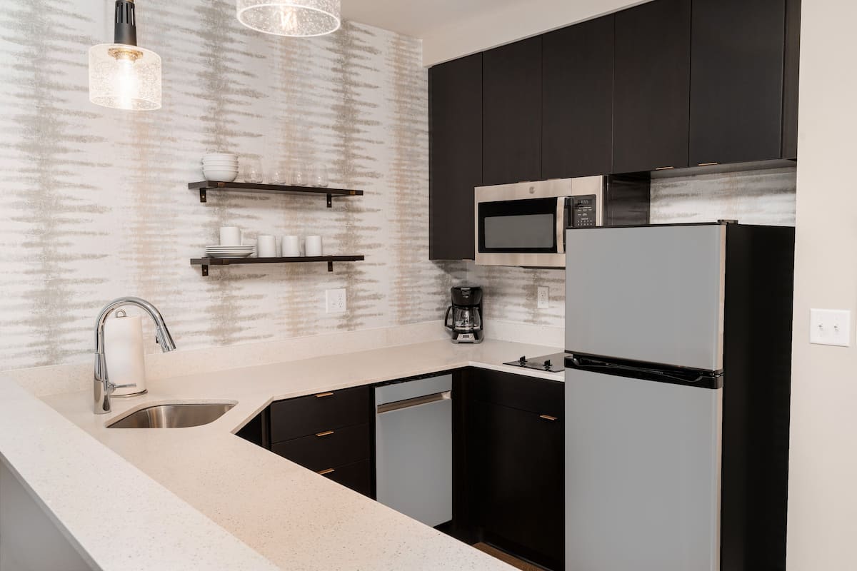 full-sized fridge, microwave, stovetop, dishwasher